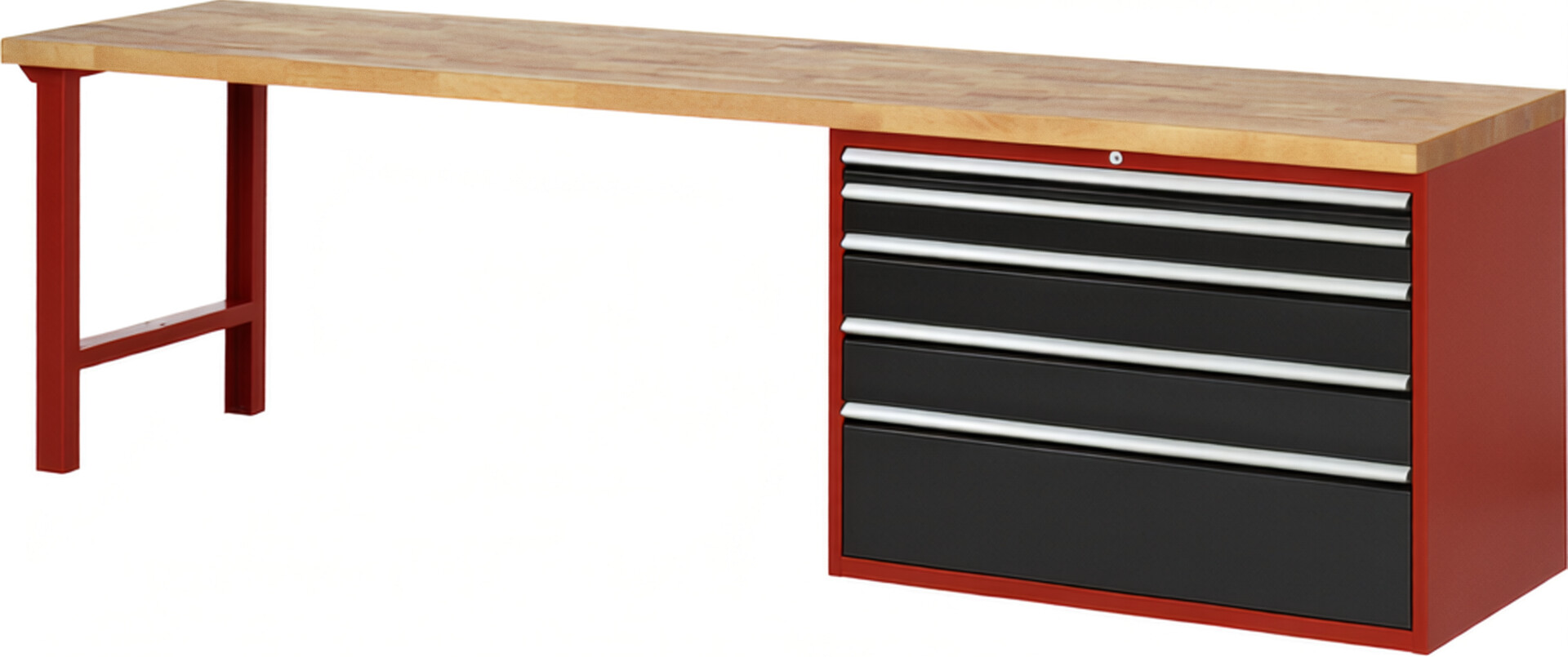Werkbank Modell 7711 rot - schwarz, BxTxH 3000x700x840 mm,  Buche-Massiv Arbeitsplatte 40 mm,  5 Schubladen mit  Vollauszug 100 % und  SoftClosing
