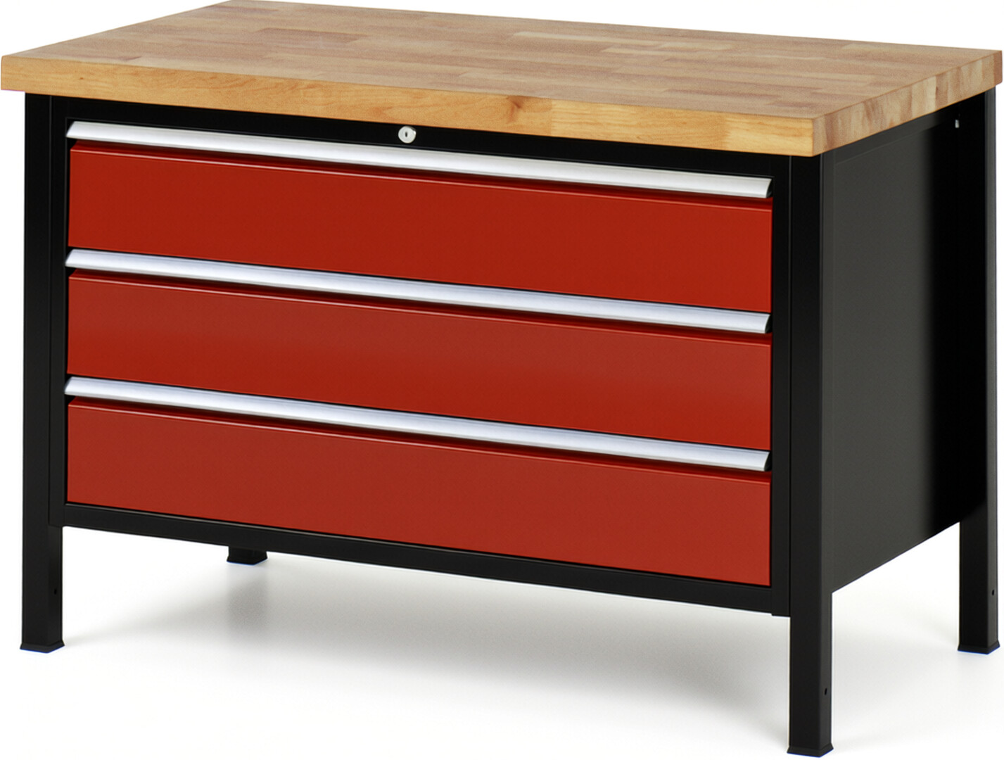 RAU Werkbank schwarz - rot - Breite 125 cm - Tiefe 70 cm - Höhe 84 cm - Buche-Massiv Arbeitsplatte 40 mm