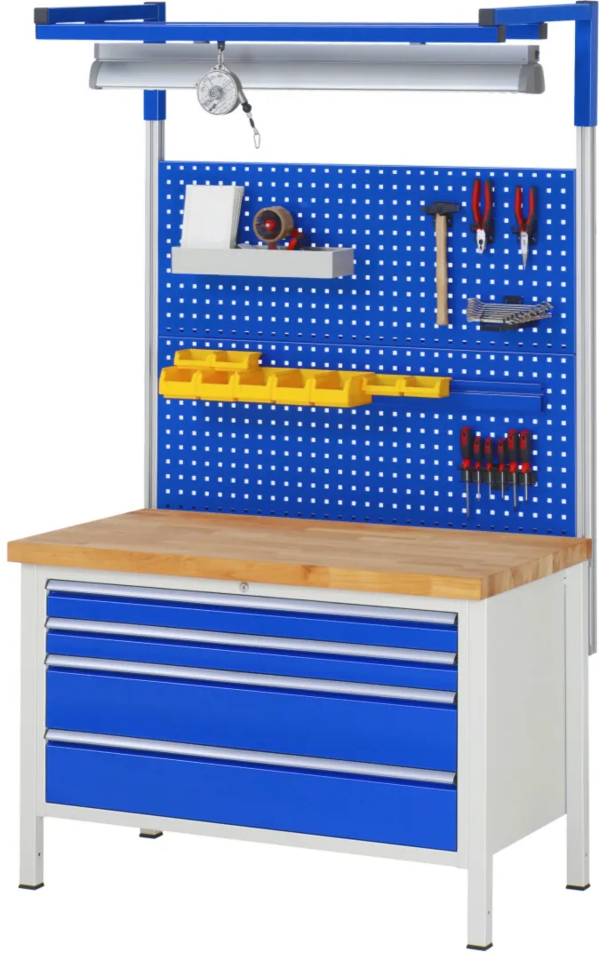 Werkbank Modell 8357 rot - schwarz, BxTxH 1250x700x840 mm,  Buche-Massiv Arbeitsplatte 40 mm,  3 Schubladen mit  Auszug 90 %