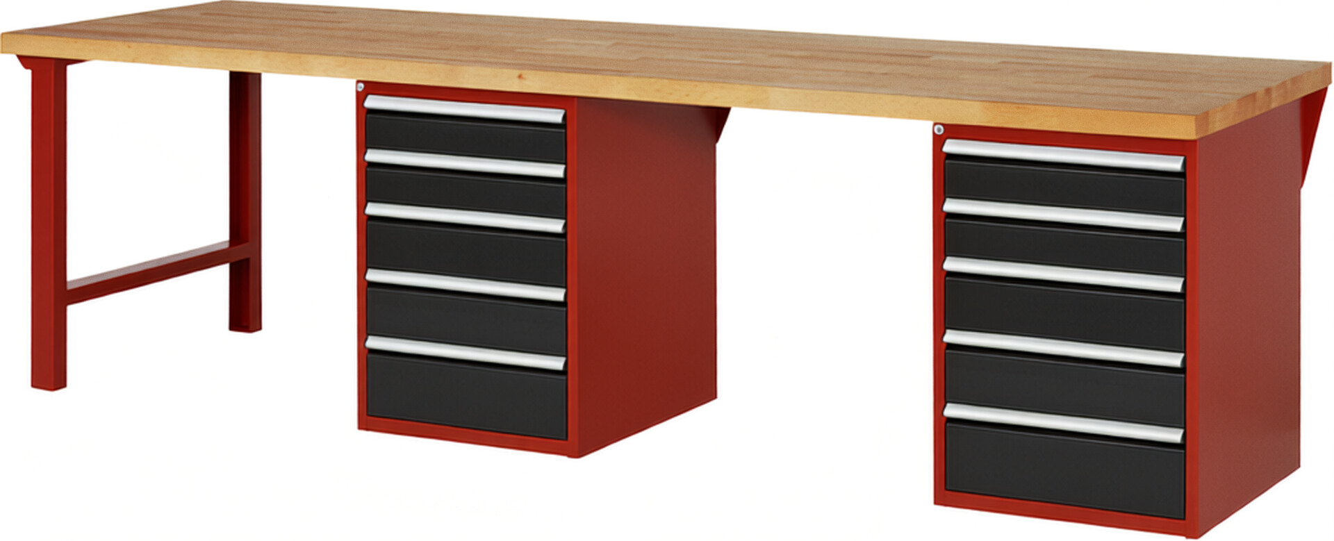 Werkbank Modell 7513 rot - schwarz, BxTxH 3000x900x890 mm,  Buche-Massiv Arbeitsplatte 40 mm,  10 Schubladen mit  Auszug 90 %