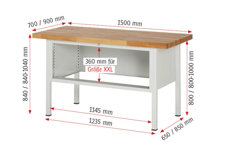 Werkbank Modell 8333 rot, BxTxH 1500x900x840 mm,  Buche-Massiv Arbeitsplatte 40 mm,  4 Schubladen mit  Auszug 90 %