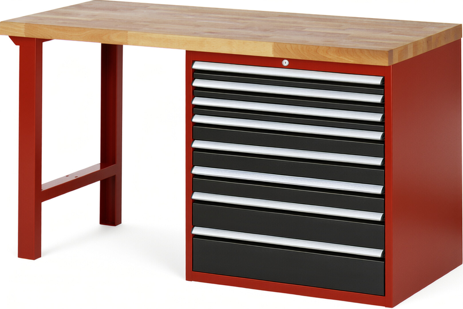 Werkbank Modell 7619 rot - schwarz, BxTxH 1500x700x890 mm,  Buche-Massiv Arbeitsplatte 40 mm,  8 Schubladen mit  Auszug 90 %