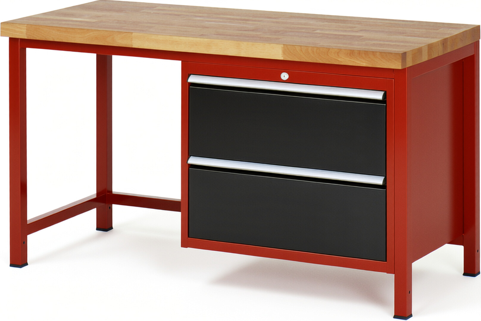 Werkbank Modell 8255 rot - schwarz, BxTxH 1500x700x840-1040 mm,  Buche-Massiv Arbeitsplatte 40 mm,  2 Schubladen mit  Auszug 90 %