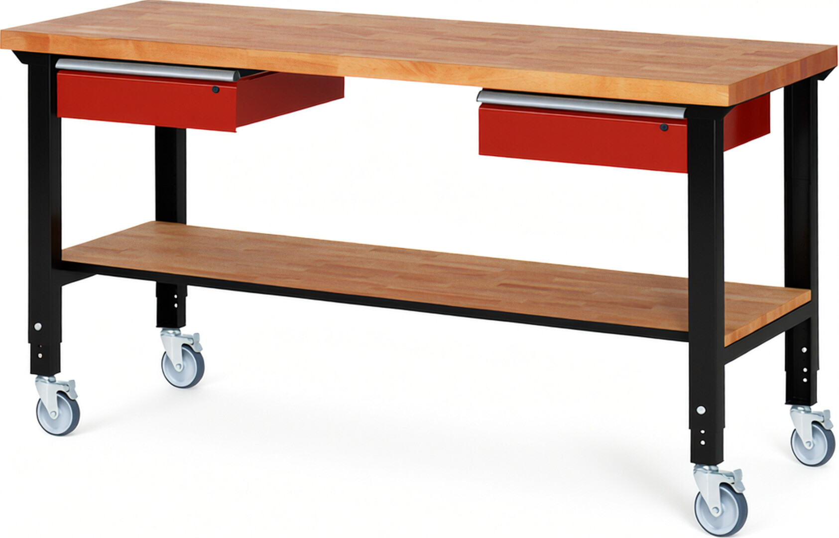 Fahrbare Werkbank Modell 7002 schwarz-rot, BxTxH 2000x700x950-1000 mm,  Buche-Massiv Arbeitsplatte 40 mm,  2 Schubladen mit  Auszug 90 %