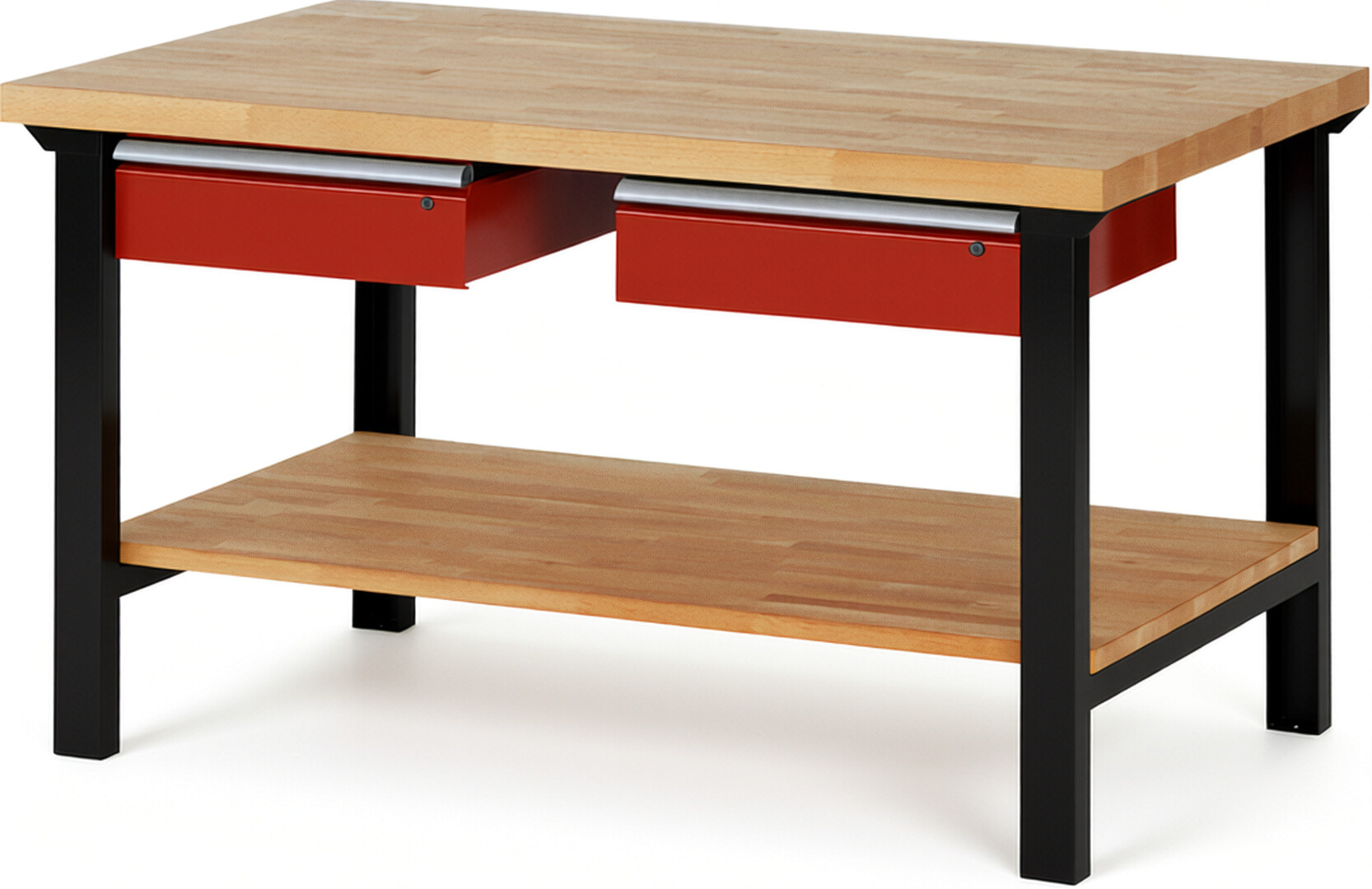 RAU Werkbank schwarz - rot - Breite 150 cm - Tiefe 90 cm - Höhe 84 cm - Buche-Massiv Arbeitsplatte 40 mm