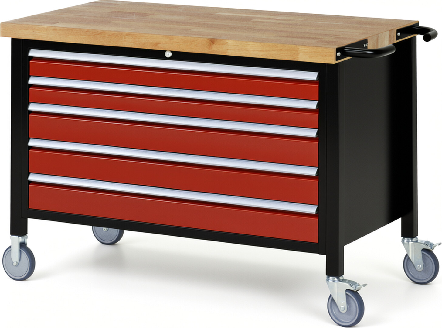 RAU Werkbank schwarz - rot - Breite 125 cm - Tiefe 70 cm - Höhe 108 cm - Buche-Massiv Arbeitsplatte 40 mm