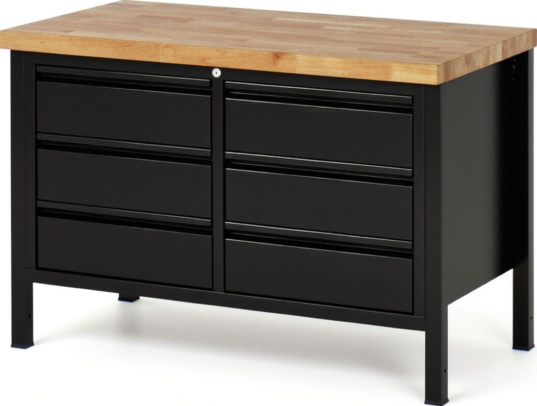 Werkbank schwarz, BxTxH 1250x700x840-1040 mm, Platte Buche 40 mm, 6 Schubladen 180 mm, RAL 9011/9011