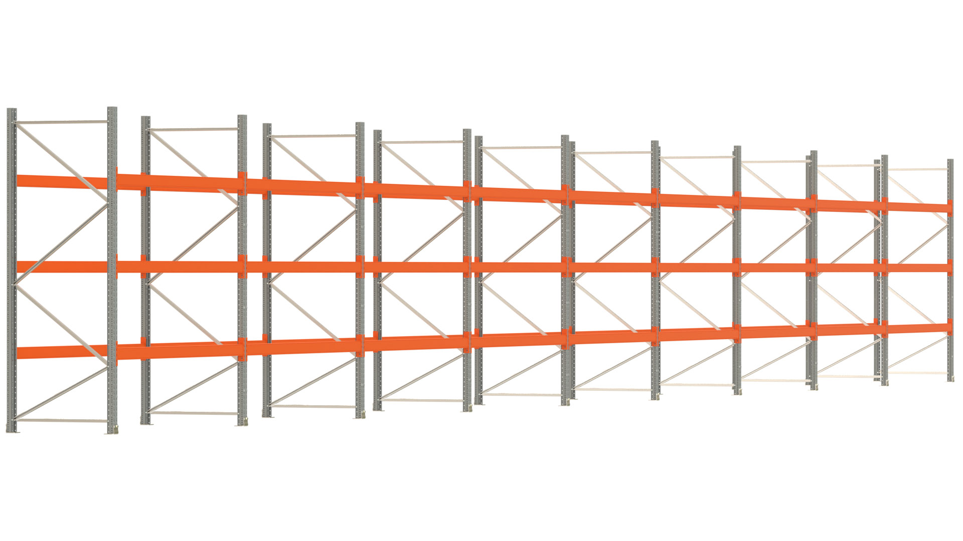 Palettenregal ARTUS - Breite 2515 cm - Höhe 300 cm - Tiefe 110 cm - 3 Träger-Ebenen - max. Fachlast 2100 kg - 108 Palettenstellplätze