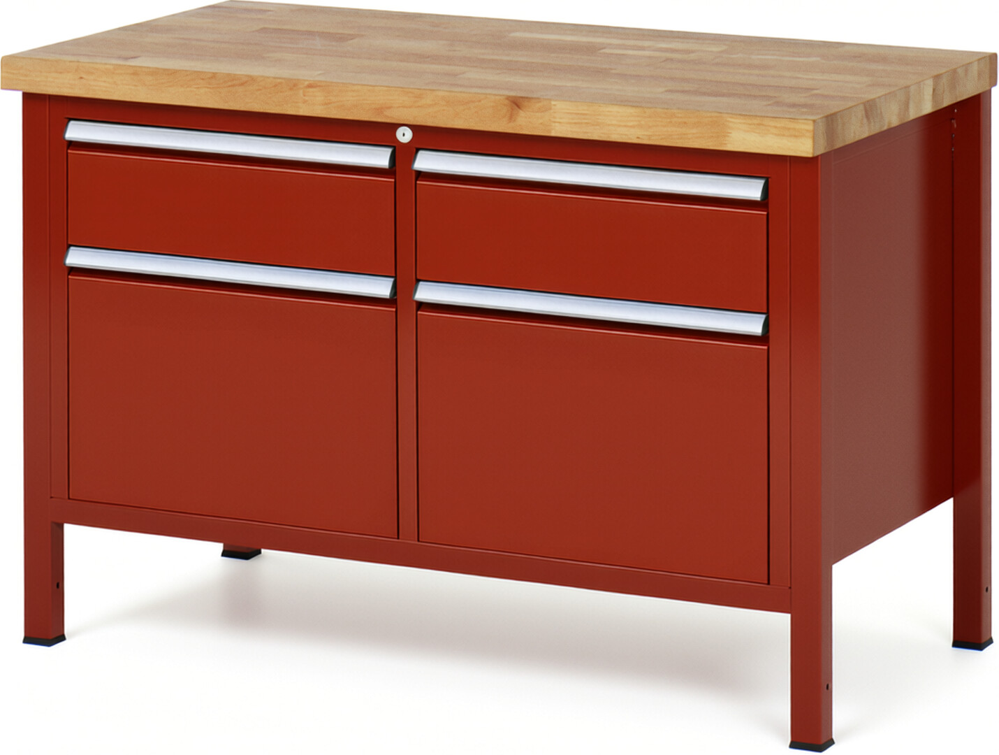 Werkbank Modell 8471 rot, BxTxH 1250x700x840 mm,  Buche-Massiv Arbeitsplatte 40 mm,  4 Schubladen mit  Vollauszug 100 % und  SoftClosing