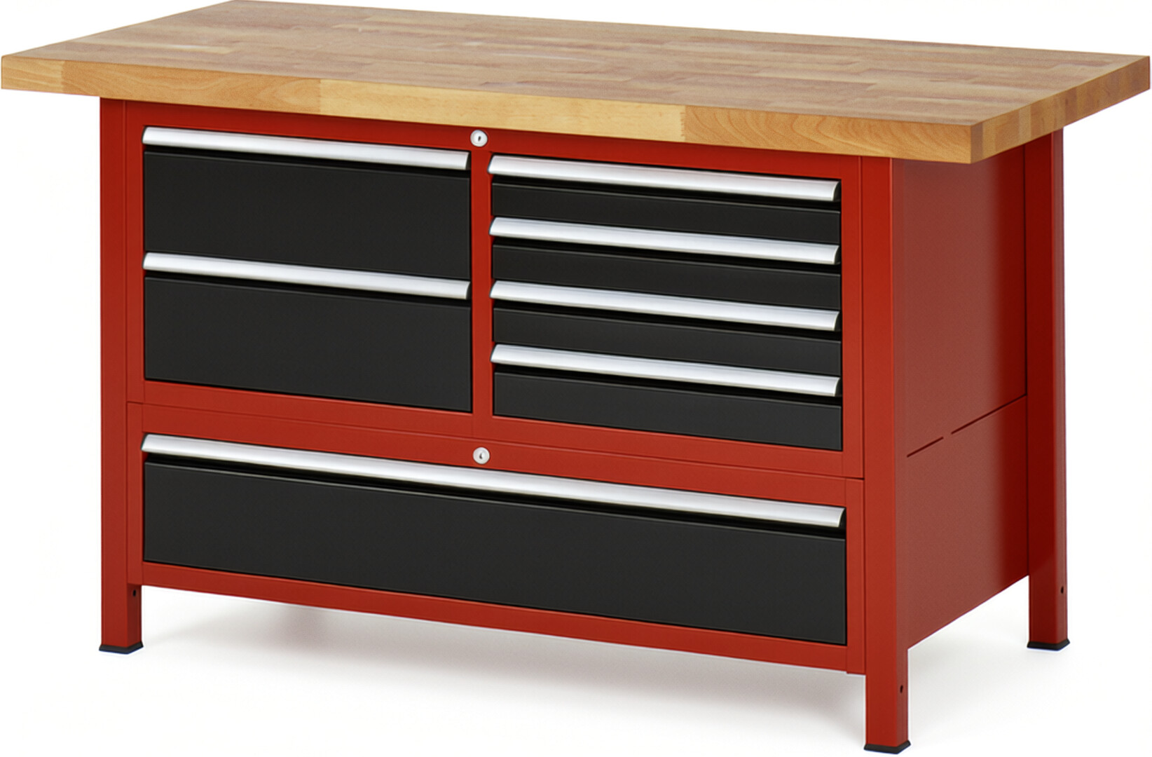 Werkbank Modell 8931 rot - schwarz, BxTxH 1500x700x840 mm,  Buche-Massiv Arbeitsplatte 40 mm,  7 Schubladen mit  Vollauszug 100 % und  SoftClosing