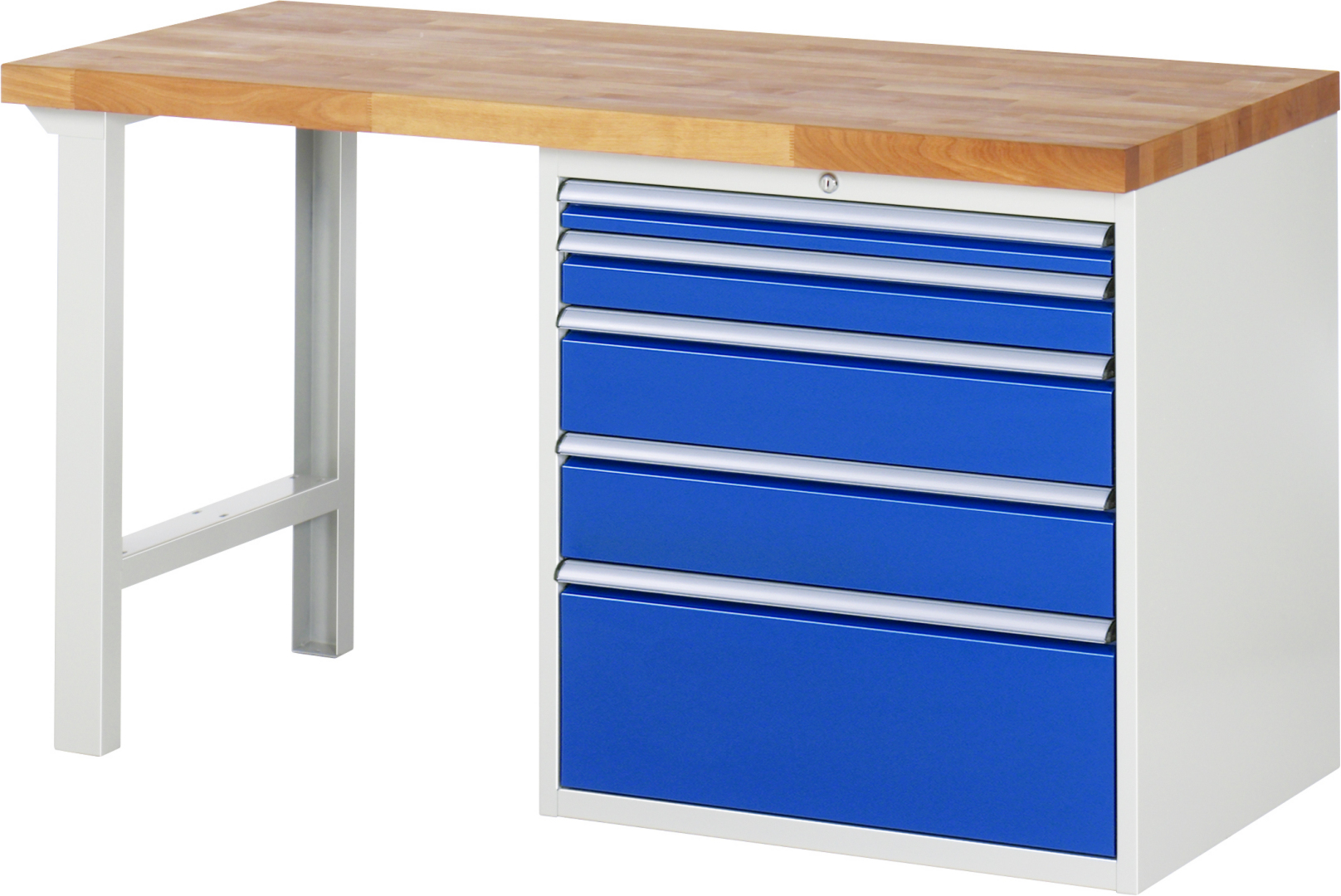 Werkbank Modell 7611 rot - schwarz, BxTxH 1500x700x840 mm,  Buche-Massiv Arbeitsplatte 40 mm,  5 Schubladen mit  Auszug 90 %