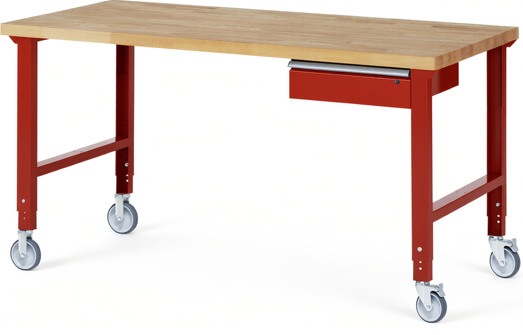 Fahrbare Werkbank Modell 7001 rot, BxTxH 2000x900x950-1000 mm,  Buche-Massiv Arbeitsplatte 40 mm,  1 Schublade mit  Auszug 90 %