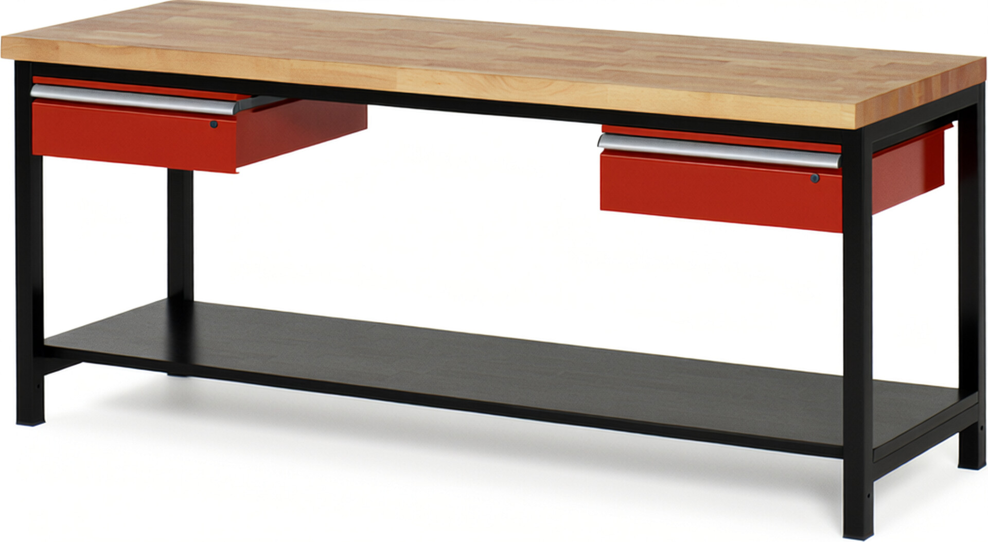 RAU Werkbank schwarz - rot - Breite 200 cm - Tiefe 70 cm - Höhe 104 cm - Buche-Massiv Arbeitsplatte 40 mm