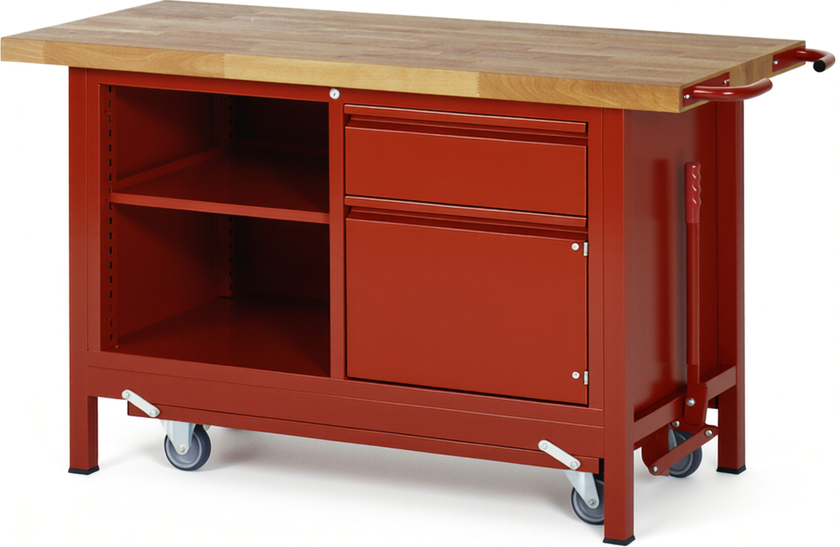 Absenkbare Werkbank - Modell 8461 BASIC rot, BxTxH 1500x700x880 mm,  Buche-Massiv Arbeitsplatte 40 mm,  1 Schublade mit  Auszug 90 %