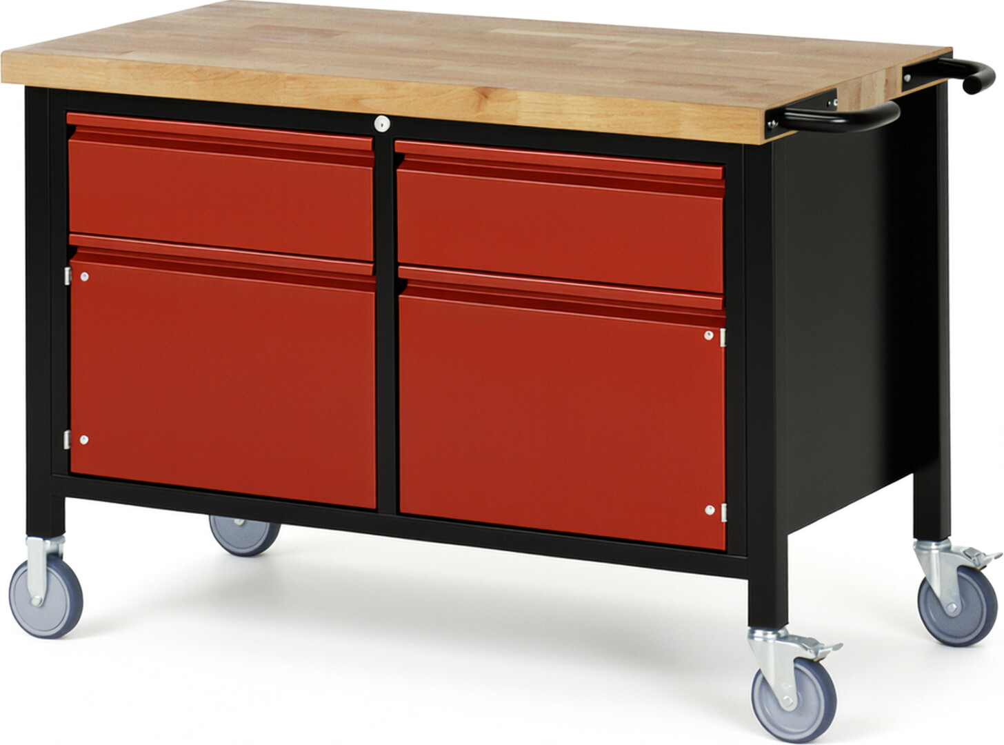 RAU Werkbank schwarz - rot - Breite 125 cm - Tiefe 70 cm - Höhe 88 cm - Buche-Massiv Arbeitsplatte 40 mm