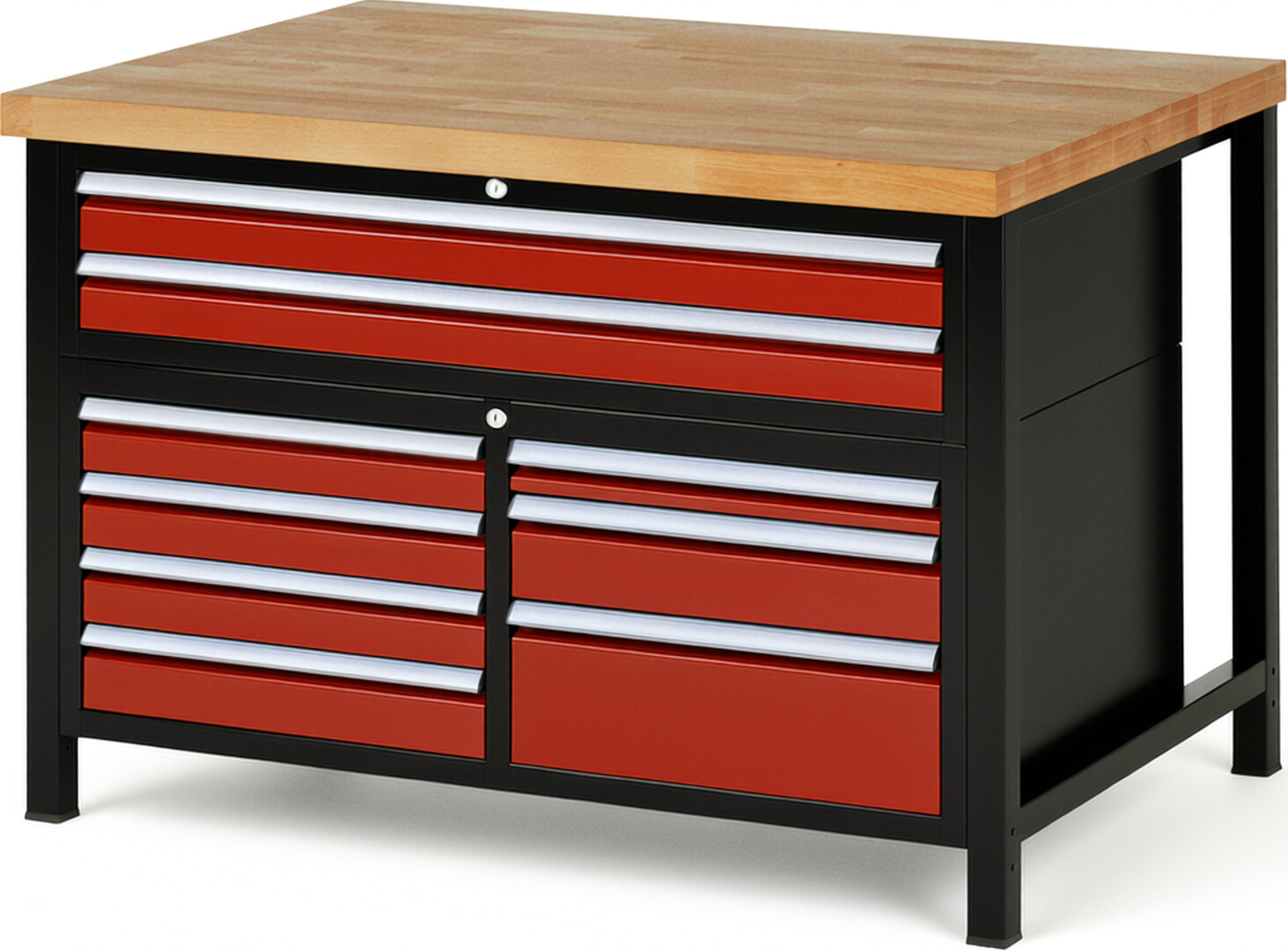 RAU Werkbank schwarz - rot - Breite 125 cm - Tiefe 90 cm - Höhe 104 cm - Buche-Massiv Arbeitsplatte 40 mm