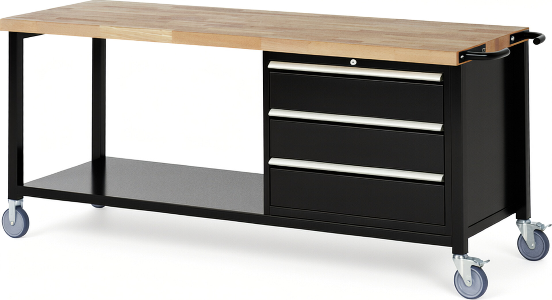 Fahrbare Werkbank Modell 8257 schwarz, BxTxH 2000x700x880 mm,  Buche-Massiv Arbeitsplatte 40 mm,  3 Schubladen mit  Auszug 90 %