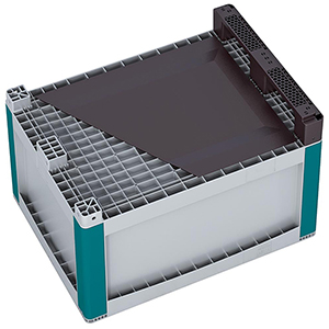 Palettenbox, PP, Volumen 223 Liter, BxTxH 800x600x720 mm , Entnahmeöffnung + Verschlussklappe, ohne Decke, mit Kufen