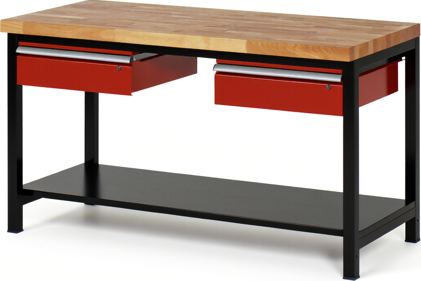 RAU Werkbank schwarz - rot - Breite 150 cm - Tiefe 70 cm - Höhe 104 cm - Buche-Massiv Arbeitsplatte 40 mm