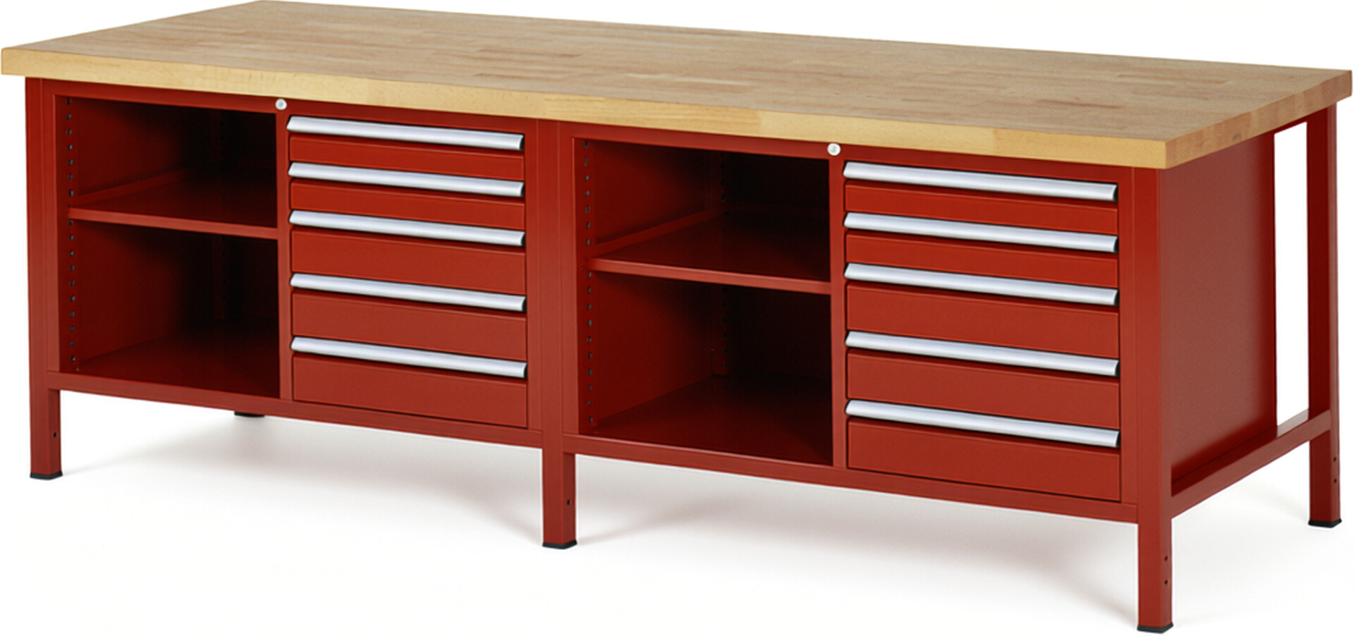 Werkbank Modell 8464 rot, BxTxH 2500x900x840-1040 mm,  Buche-Massiv Arbeitsplatte 40 mm,  10 Schubladen mit  Auszug 90 %