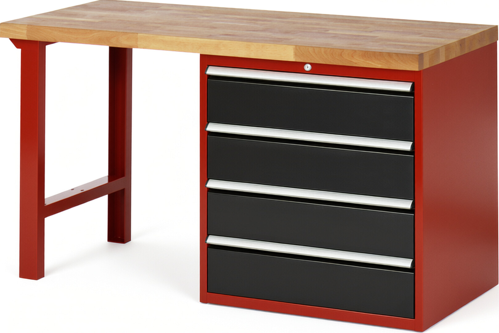 Werkbank Modell 7609 rot - schwarz, BxTxH 1500x700x840 mm,  Buche-Massiv Arbeitsplatte 40 mm,  4 Schubladen mit  Vollauszug 100 % und  SoftClosing