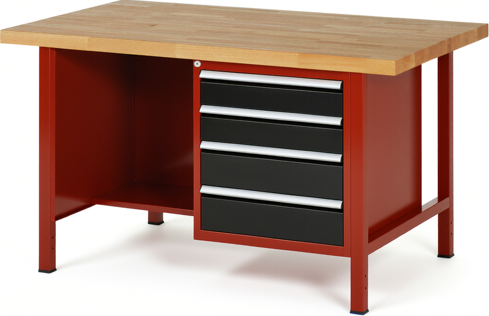 RAU Werkbank rot - schwarz - Breite 150 cm - Tiefe 90 cm - Höhe 84 cm - Buche-Massiv Arbeitsplatte 40 mm