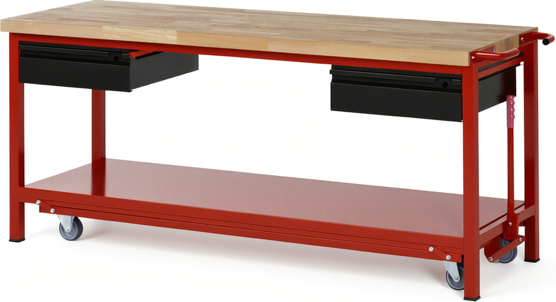 Absenkbare Werkbank - Modell 8002 BASIC rot - schwarz, BxTxH 2000x700x880 mm,  Buche-Massiv Arbeitsplatte 40 mm,  2 Schubladen mit  Auszug 90 %