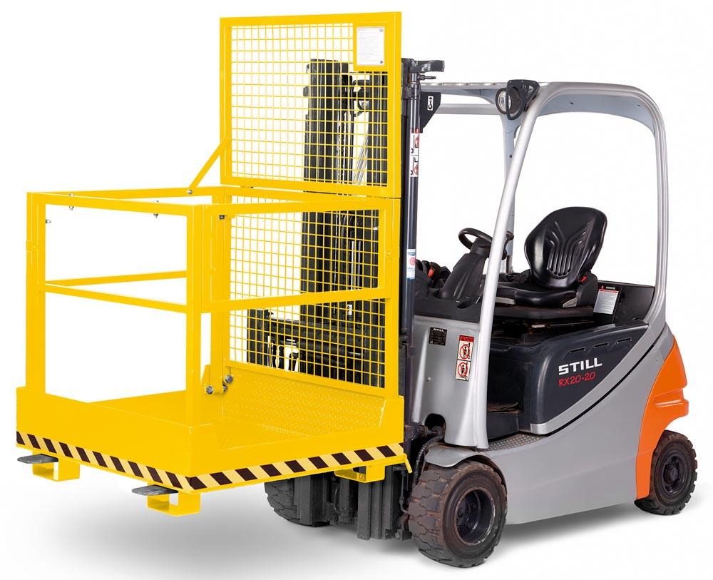 Arbeitskorb zusammenklappbar zur platzsparenden Lagerung, Zulässig für 2 Personen, BxTxH 1200x1080x1910 mm, Traglast 300 kg, RAL 1023 verkehrsgelb