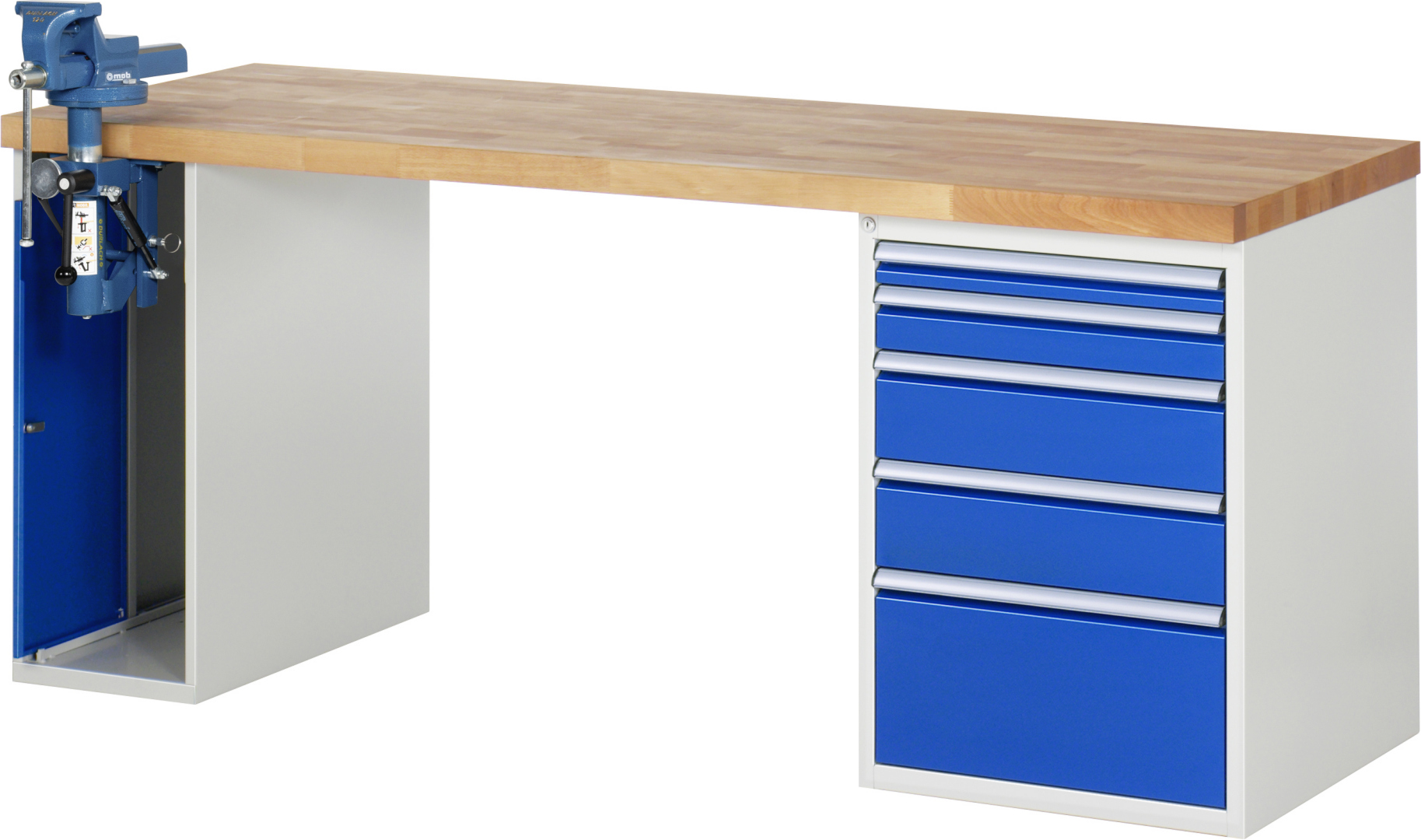 Werkbank Modell 7511 rot - schwarz, BxTxH 2000x700x840 mm,  Buche-Massiv Arbeitsplatte 40 mm,  5 Schubladen mit  Vollauszug 100 % und  SoftClosing