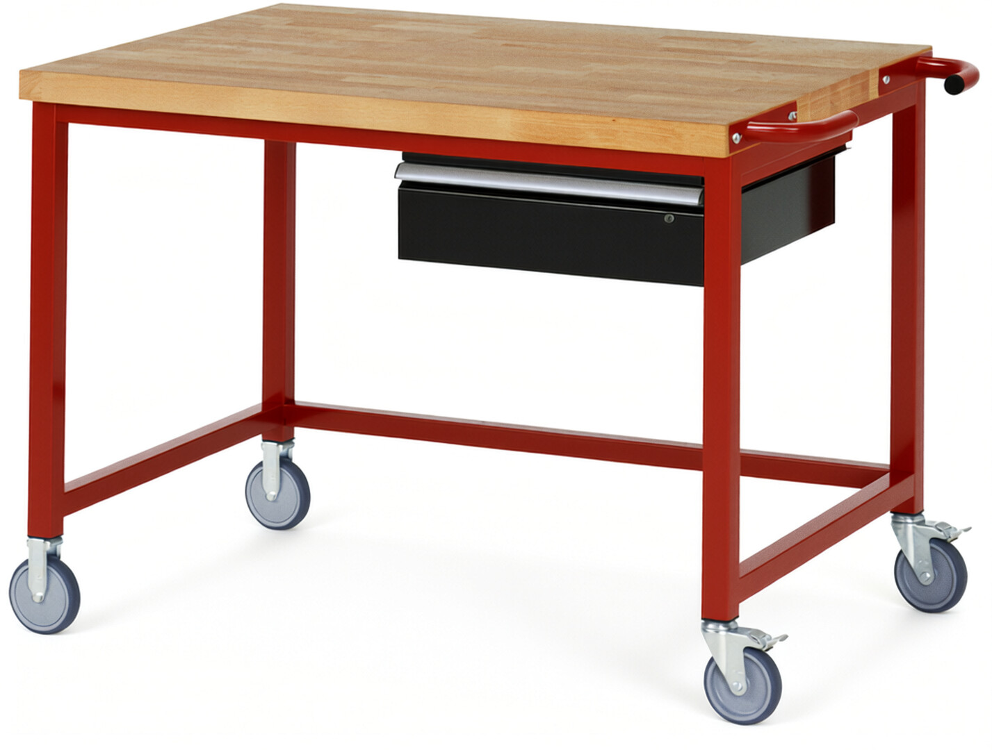 Fahrbare Werkbank Modell 8001 rot - schwarz, BxTxH 1250x900x880-1080 mm,  Buche-Massiv Arbeitsplatte 40 mm,  1 Schublade mit  Auszug 90 %