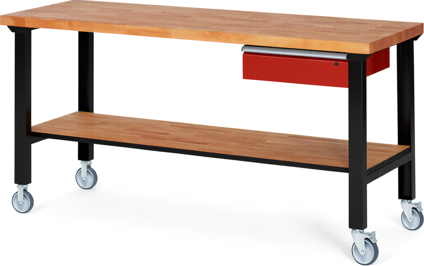 Fahrbare Werkbank Modell 7001 schwarz-rot, BxTxH 2000x700x1000 mm,  Buche-Massiv Arbeitsplatte 40 mm,  1 Schublade mit  Auszug 90 %