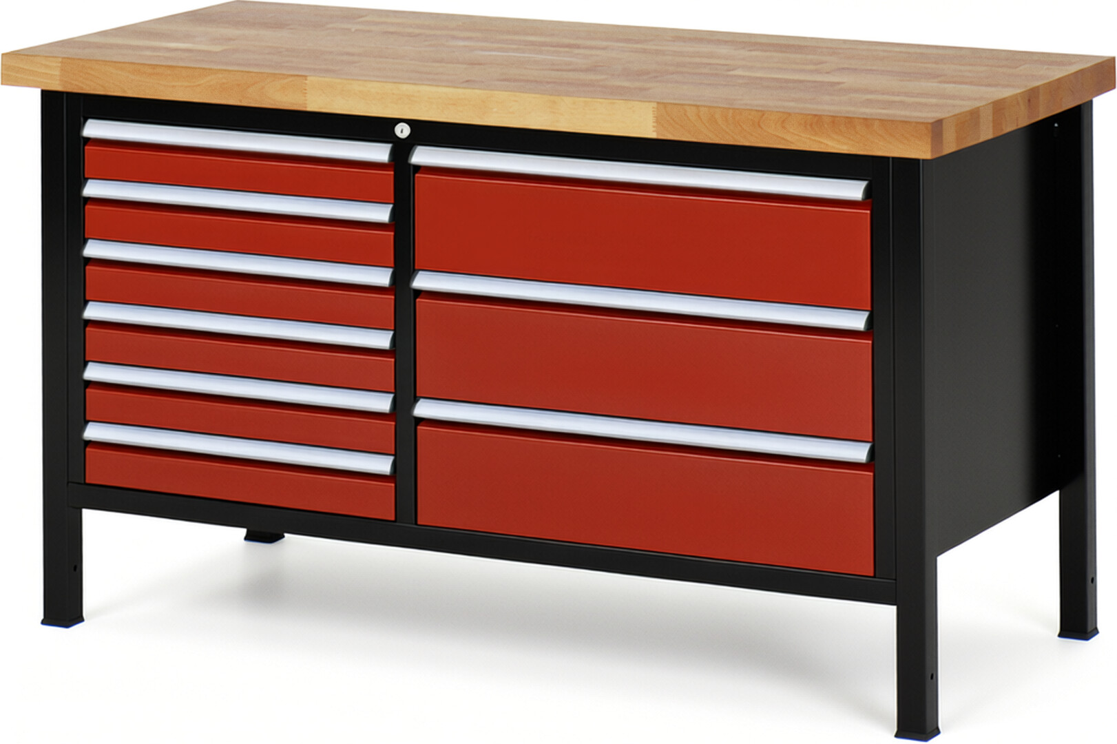 Werkbank Modell 8653 schwarz-rot, BxTxH 1500x700x840 mm,  Buche-Massiv Arbeitsplatte 40 mm,  9 Schubladen mit  Vollauszug 100 % und  SoftClosing