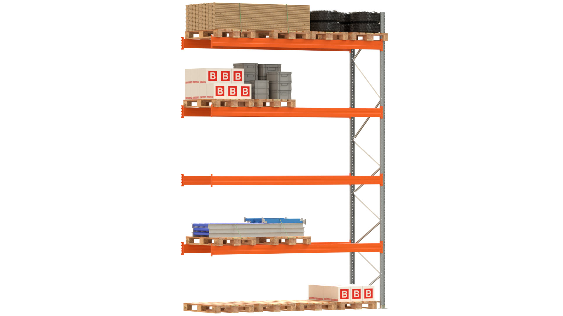 Palettenregal ARTUS - Anbaufeld - Breite 368,5 cm - Höhe 550 cm - Tiefe 110 cm - 4 Träger Ebenen