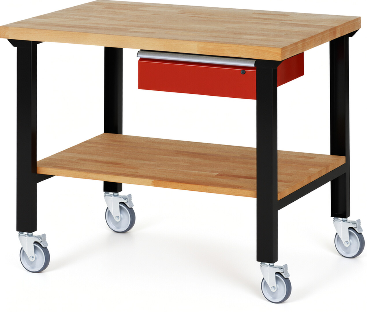 Fahrbare Werkbank Modell 7001 schwarz-rot, BxTxH 1250x900x1000 mm,  Buche-Massiv Arbeitsplatte 40 mm,  1 Schublade mit  Auszug 90 %
