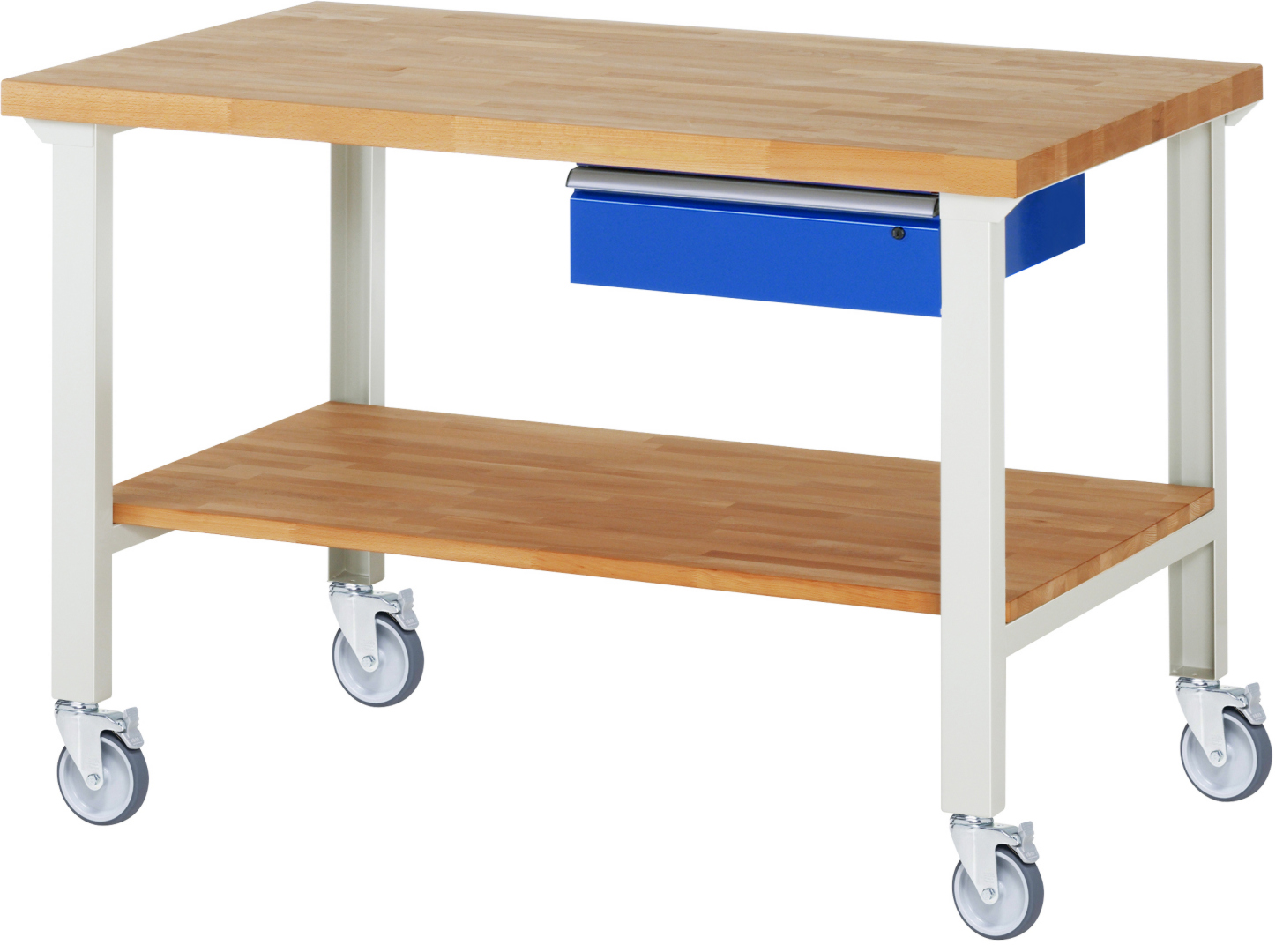 Fahrbare Werkbank Modell 7001,  BxTxH 1500x900x1000 mm,  Buche-Massiv Arbeitsplatte 40 mm,  1 Schublade mit  Auszug 90 %