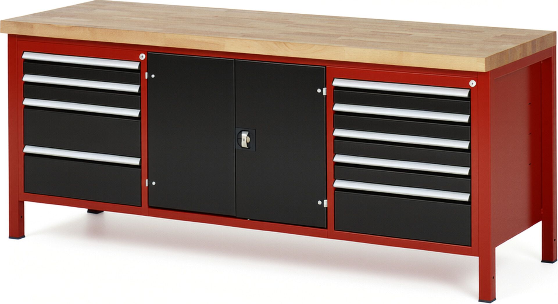 Werkbank Modell 8908 rot - schwarz, BxTxH 2000x700x840 mm,  Buche-Massiv Arbeitsplatte 40 mm,  9 Schubladen mit  Vollauszug 100 % und  SoftClosing