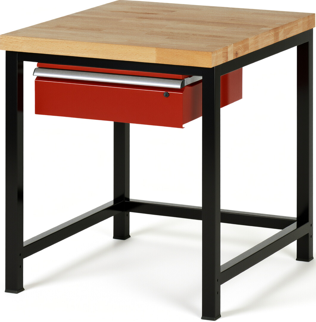 RAU Werkbank schwarz - rot - Breite 75 cm - Tiefe 90 cm - Höhe 104 cm - Buche-Massiv Arbeitsplatte 40 mm