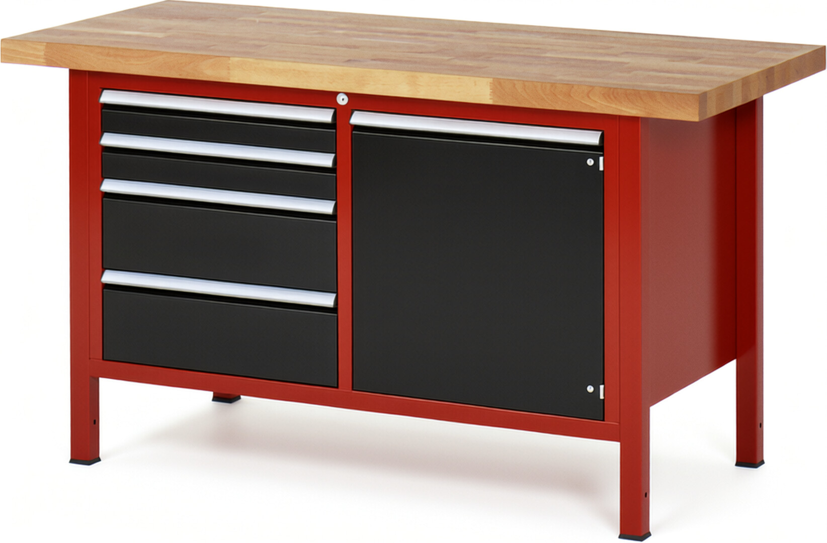 Werkbank Modell 8470 rot - schwarz, BxTxH 1500x700x840-1040 mm,  Buche-Massiv Arbeitsplatte 40 mm,  4 Schubladen mit  Auszug 90 %