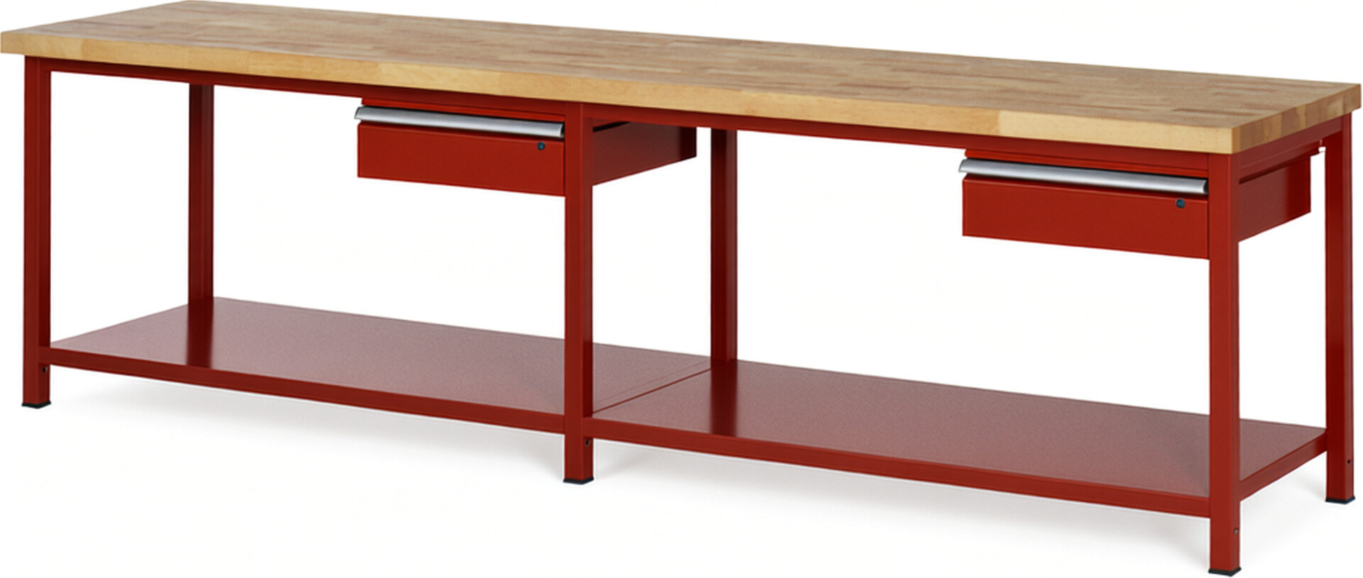 Werkbank Modell 8001 rot, BxTxH 3000x700x840 mm,  Buche-Massiv Arbeitsplatte 40 mm,  2 Schubladen mit  Auszug 90 %