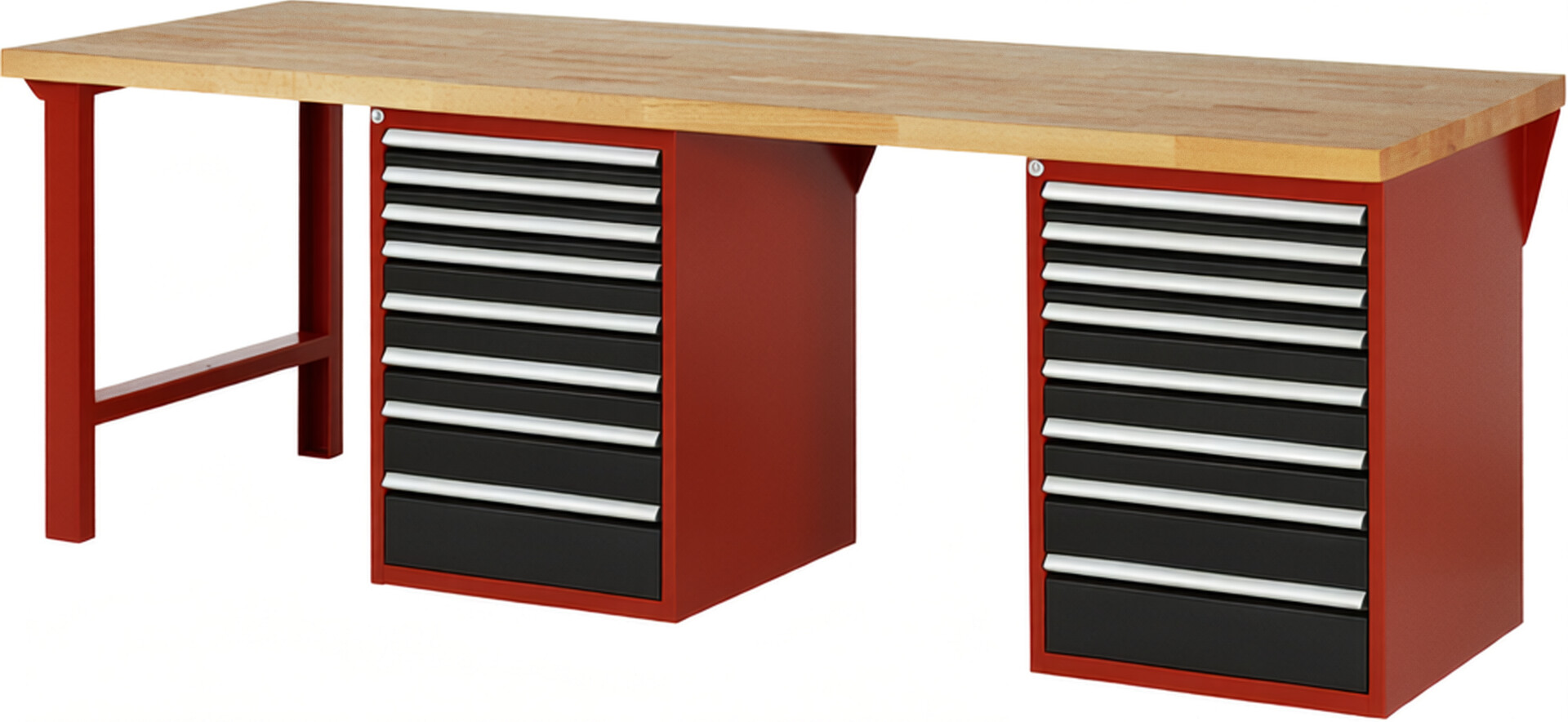 Werkbank Modell 7519 rot - schwarz, BxTxH 2500x900x840 mm,  Buche-Massiv Arbeitsplatte 40 mm,  16 Schubladen mit  Auszug 90 %