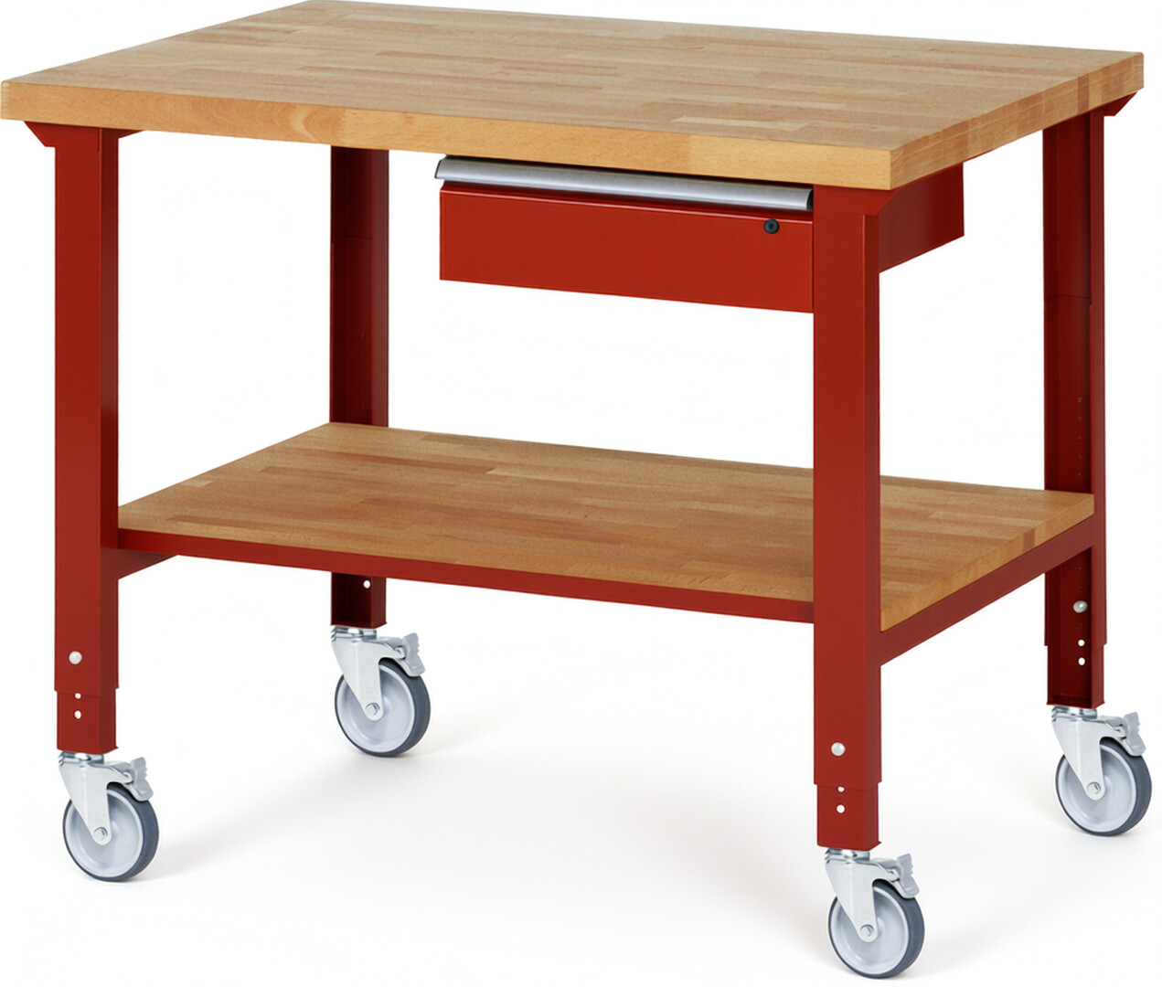 Fahrbare Werkbank Modell 7001 rot, BxTxH 1250x900x950-1000 mm,  Buche-Massiv Arbeitsplatte 40 mm,  1 Schublade mit  Auszug 90 %
