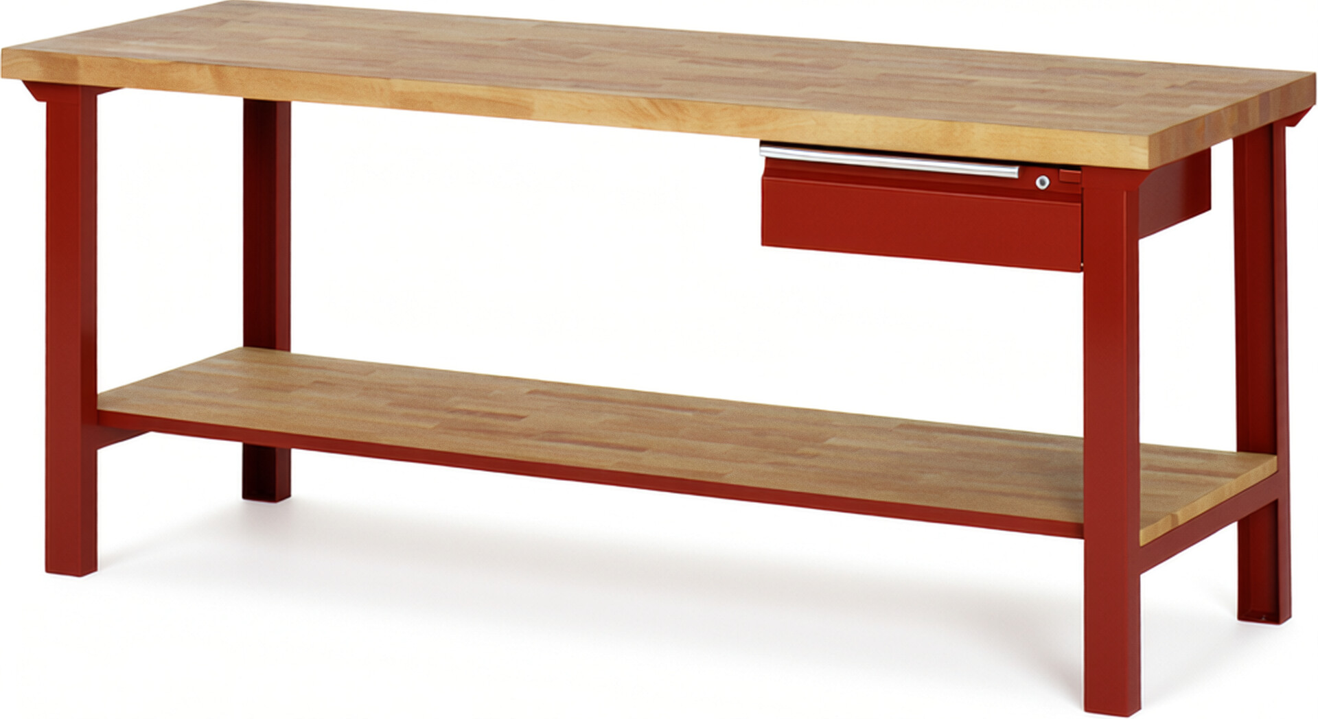 Werkbank - Modell 7001 BASIC rot, BxTxH 2000x700x840 mm,  Buche-Massiv Arbeitsplatte 40 mm,  1 Schublade mit  Auszug 90 %