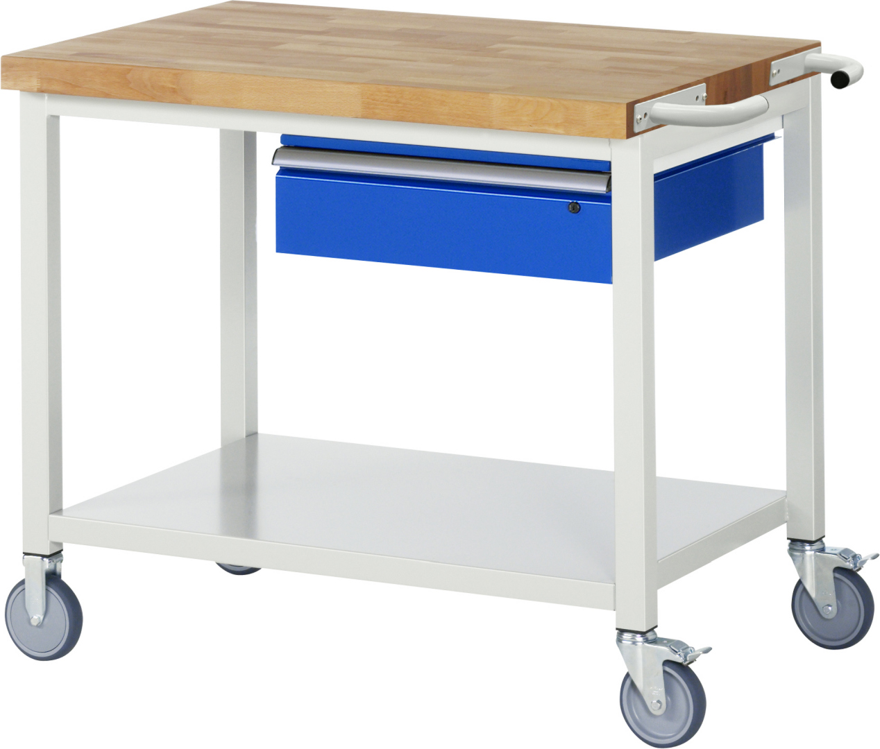 Fahrbare Werkbank Modell 8001 rot - schwarz, BxTxH 1000x700x880-1080 mm,  Buche-Massiv Arbeitsplatte 40 mm,  1 Schublade mit  Auszug 90 %