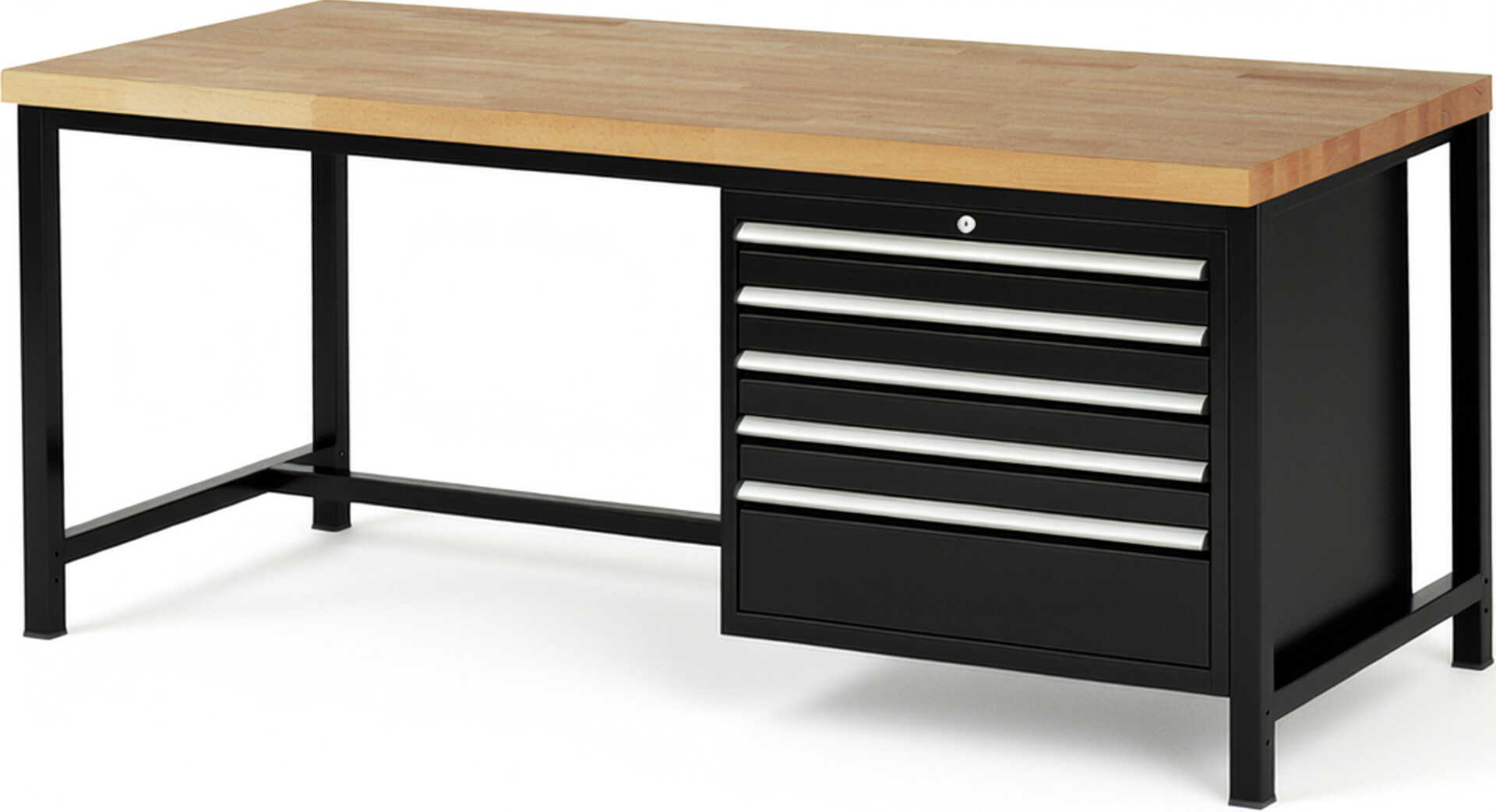 Werkbank Modell 8268 schwarz, BxTxH 2000x900x840-1040 mm,  Buche-Massiv Arbeitsplatte 40 mm,  5 Schubladen mit  Auszug 90 %