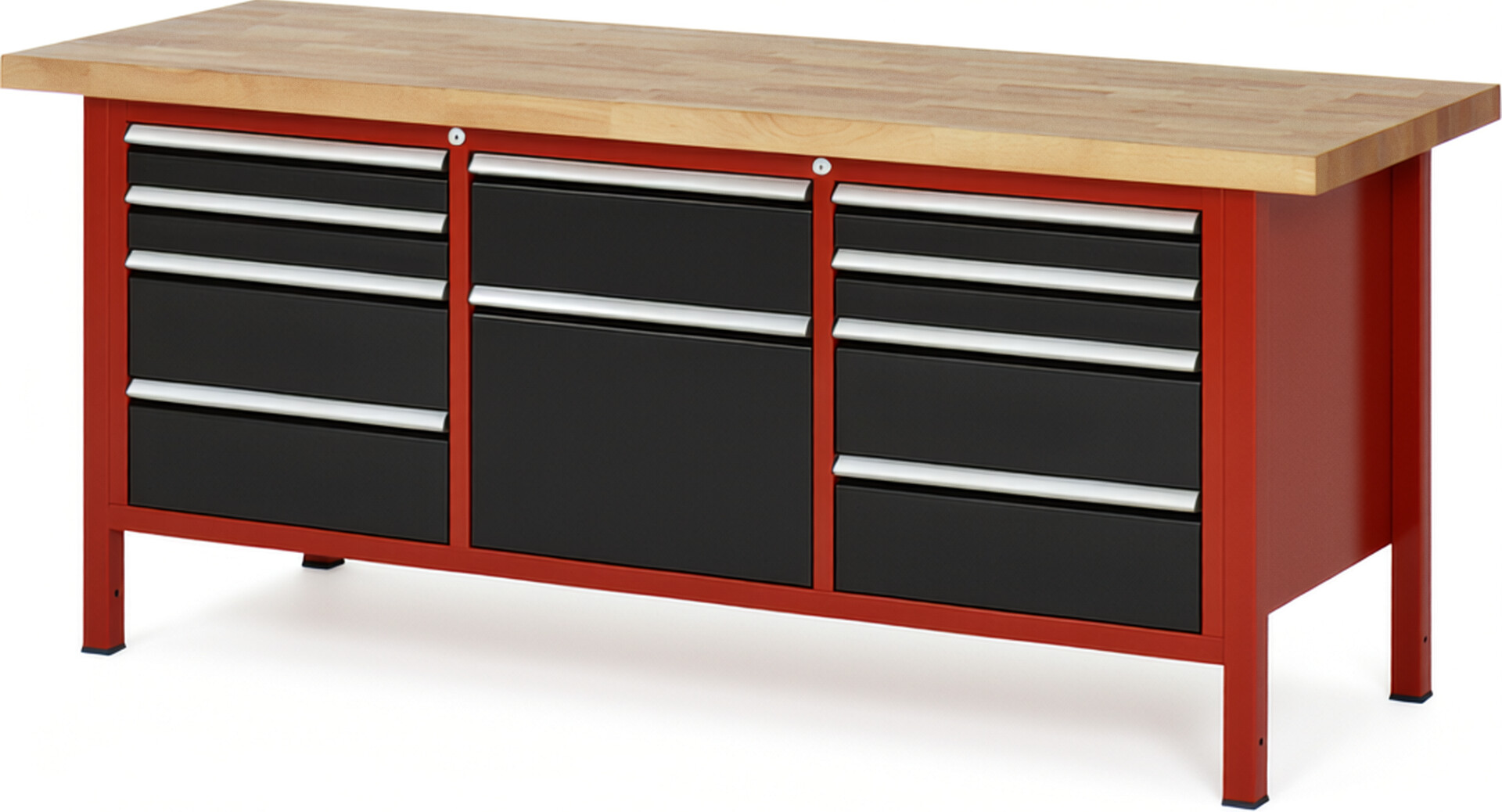 Werkbank Modell 8575 rot - schwarz, BxTxH 2000x700x840-1040 mm,  Buche-Massiv Arbeitsplatte 40 mm,  10 Schubladen mit  Vollauszug 100 % und  SoftClosing