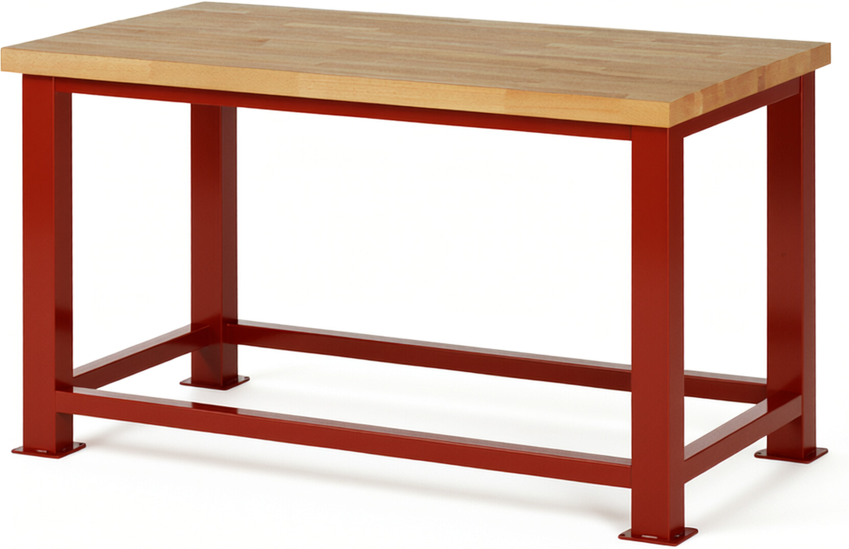 Schwerlastwerkbank rot, Breite 150 cm, Tiefe 90 cm, Höhe 108 cm,  Platte: Buche-Massiv-Arbeitsplatte