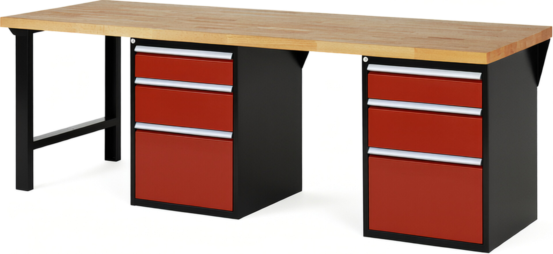 RAU Werkbank schwarz - rot - Breite 250 cm - Tiefe 90 cm - Höhe 84 cm - Buche-Massiv Arbeitsplatte 40 mm