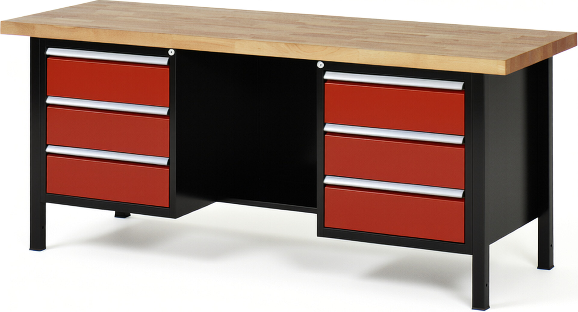 RAU Werkbank schwarz - rot - Breite 200 cm - Tiefe 70 cm - Höhe 104 cm - Buche-Massiv Arbeitsplatte 40 mm