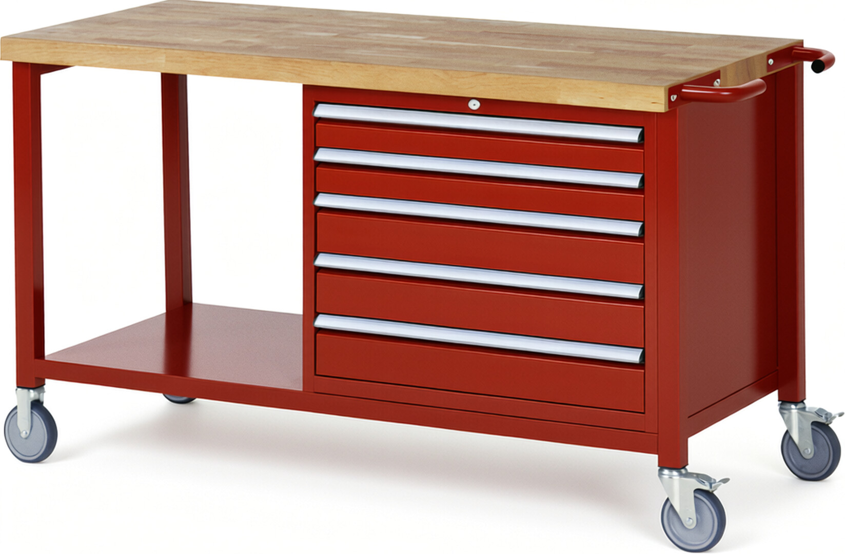 Fahrbare Werkbank Modell 8271 rot, BxTxH 1500x700x880 mm,  Buche-Massiv Arbeitsplatte 40 mm,  5 Schubladen mit  Auszug 90 %