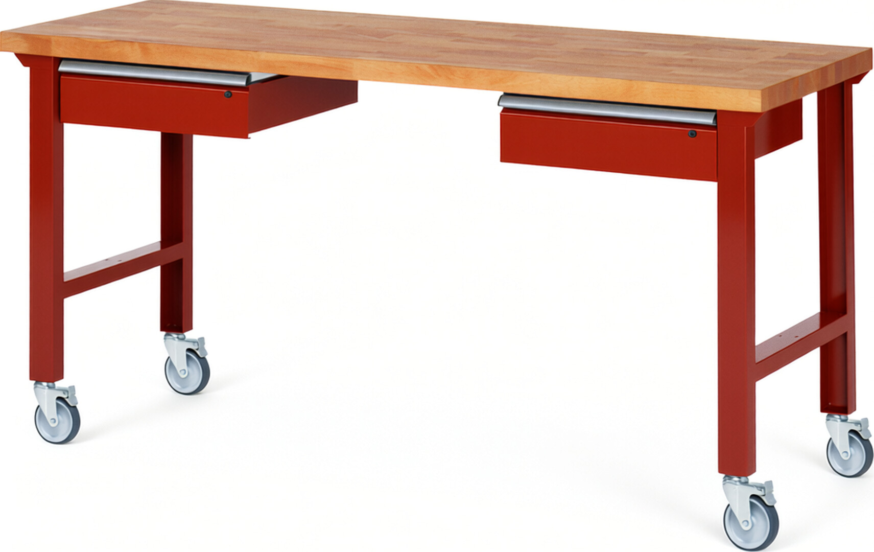 Fahrbare Werkbank Modell 7002 rot, BxTxH 2000x700x1000 mm,  Buche-Massiv Arbeitsplatte 40 mm,  2 Schubladen mit  Auszug 90 %